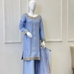 Sky Blue Silk 3 Piece Resham Embroidered Dress