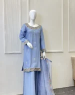 Sky Blue Silk 3 Piece Resham Embroidered Dress