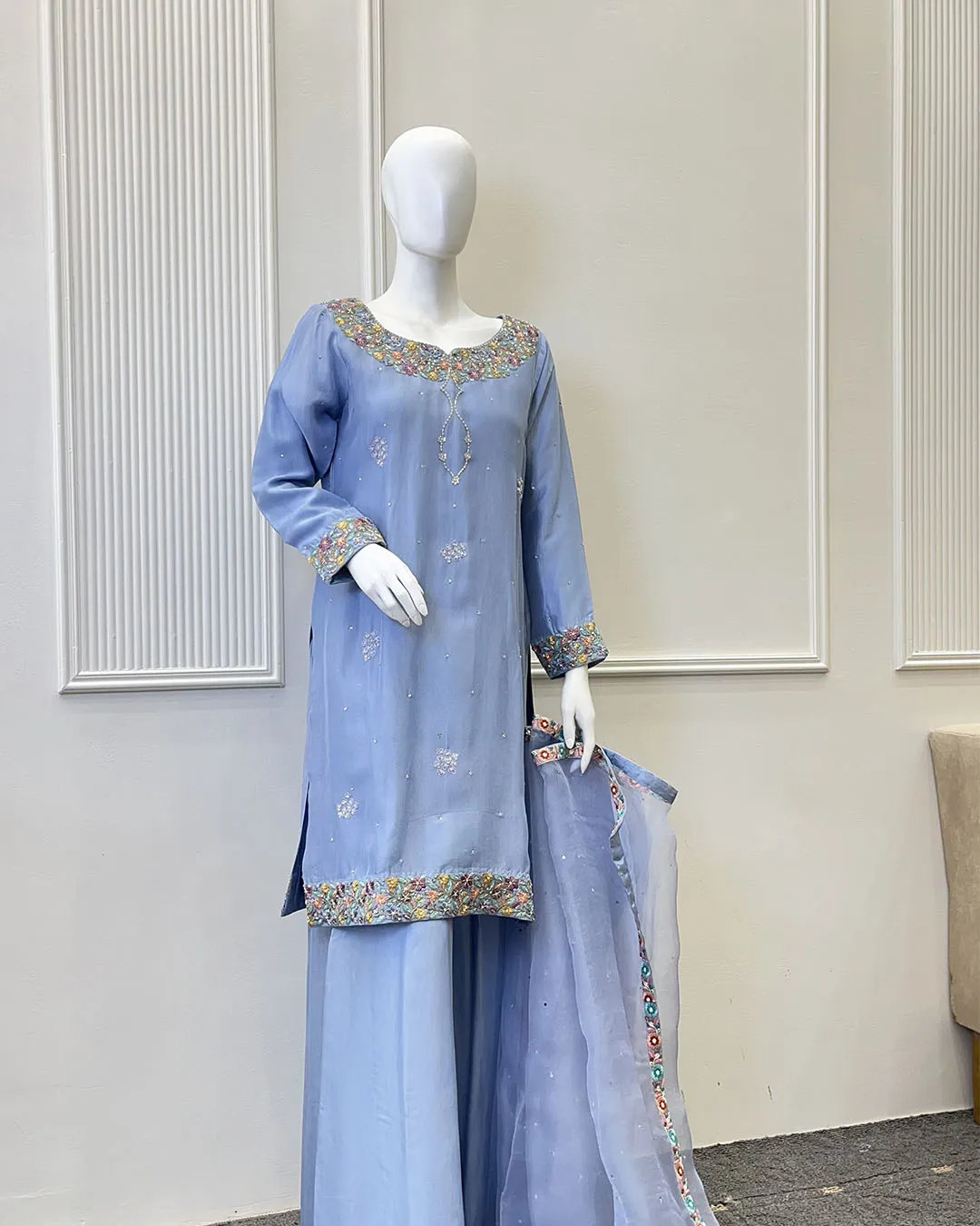 p4_0010_sky blue 1 Sky Blue Silk 3 Piece Resham Embroidered Dress - Image 1