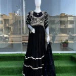 Black Walima Frock with Dabka Moti YokeAnd Dupatta