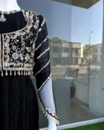Black Walima Frock with Dabka Moti YokeAnd Dupatta - Image 2
