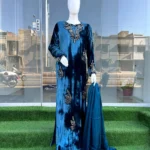 Teal Velvet Maxi with Stone Work And Matching Dupatta
