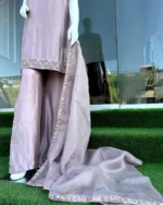 Mauve Floral Embroidered Suit with Palazzo And Dupatta - Image 2