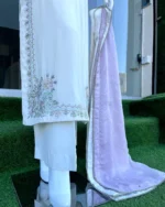 Off White Nikah Suit with Floral Resham And Lilac Dupatta - Image 2