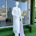 Off White Nikah Suit with Floral Resham And Lilac Dupatta