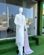 Off White Nikah Suit with Floral Resham And Lilac Dupatta