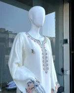 Cream Dress with Resham Booti And Bell Sleeves - Image 3