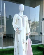 Cream Dress with Resham Booti And Bell Sleeves - Image 2