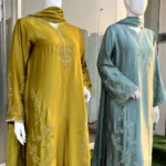 Mustard And Sage Silk Maxi with Moti Vine And Dupatta