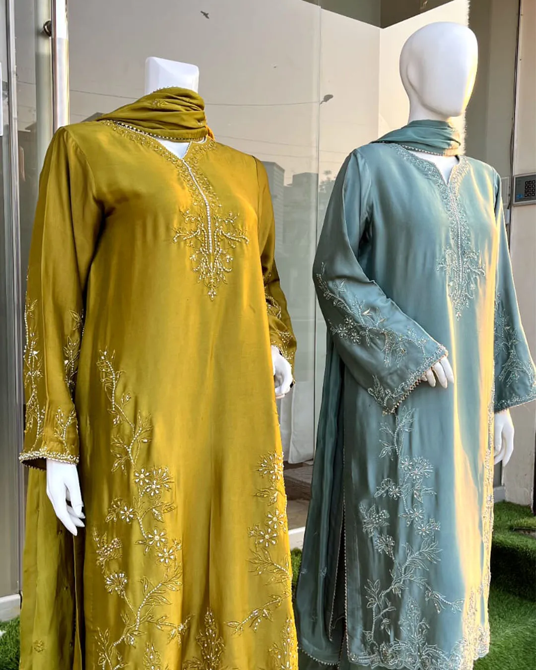 p5_0022_2371d44d-fb1d-4827-8351-2f9e497e4db6 Mustard And Sage Silk Maxi with Moti Vine And Dupatta - Image 1