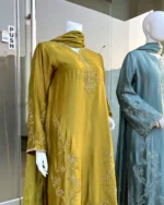 Mustard And Sage Silk Maxi with Moti Vine And Dupatta - Image 4