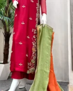 Rani Red Zardozi Suit with Moti Booti And Green Dupatta - Image 2