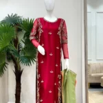 Rani Red Zardozi Suit with Moti Booti And Green Dupatta