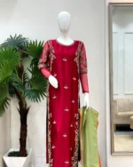 Rani Red Zardozi Suit with Moti Booti And Green Dupatta