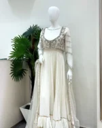 Ivory Anarkali Gown with Silver Zardozi And Moti Work - Image 2