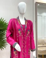 Rani Pink Floral Embroidered Suit with Pearl Dupatta - Image 2