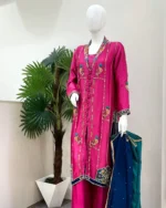 Rani Pink Floral Embroidered Suit with Pearl Dupatta - Image 3