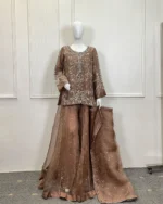 Full view of 3-piece brown organza Pakistani bridal sharara set on mannequin showing heavily embroidered kurti, wide flared sequin sharara and matching dupatta