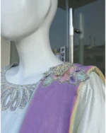 Ivory Kaftan with Pastel Floral Embroidery And Lilac Dupatta - Image 3