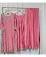 : Coral Pink Silk Suit Silver Zardozi AndUnique Back Neckline Design
