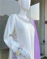 Ivory Kaftan with Pastel Floral Embroidery And Lilac Dupatta - Image 2