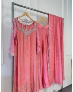: Coral Pink Silk Suit Silver Zardozi AndUnique Back Neckline Design - Image 3