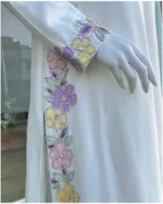 Ivory Kaftan with Pastel Floral Embroidery And Lilac Dupatta - Image 4