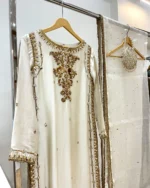 Off White Gold Zardozi Suit Sheesha Booti And Dupatta - Image 2
