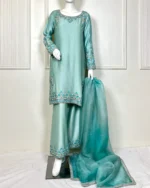 Sea Green Suit with Turquoise Floral Embroidery