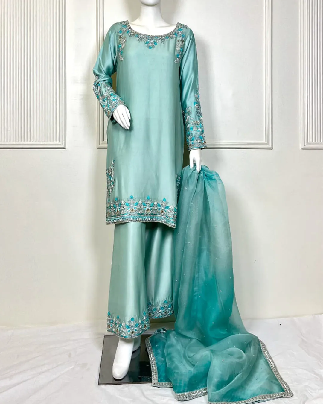 Untitled-1_0006_457709c4-5def-44d6-ad22-0a256b0885ed Sea Green Suit with Turquoise Floral Embroidery - Image 1