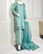 Sea Green Suit with Turquoise Floral Embroidery - Image 2