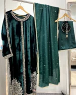 Dark Green Velvet 4-Piece Gold Dabka And Moti Set - Image 2
