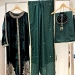 Dark Green Velvet 4-Piece Gold Dabka And Moti Set
