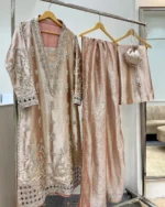 Blush Pink Tissue Jacket with Cutwork Hem & Potli - Image 2