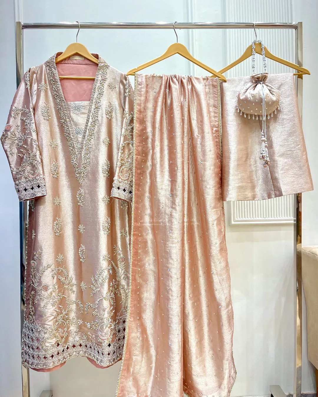 Untitled-1_0010_b122d38f-7a55-449e-9547-9ed629dd17cb Blush Pink Tissue Jacket with Cutwork Hem & Potli - Image 1