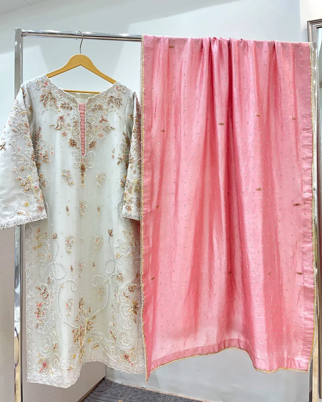 Untitled-1_0012_0567b9fe-2246-47a2-a7df-df97a4eca9d7 White Pearl Moti Suit with Pink Resham And Dupatta - Image 1