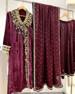 Plum Velvet Suit with Zardozi Yoke And Gold Sequin Dupatta - Image 2
