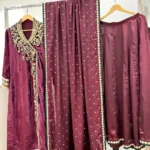 Plum Velvet Suit with Zardozi Yoke And Gold Sequin Dupatta