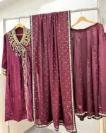 Plum Velvet Suit with Zardozi Yoke And Gold Sequin Dupatta