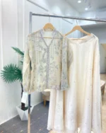 Ivory Open Jacket with Scattered Stone Skirt - Image 2