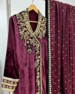 Plum Velvet Suit with Zardozi Yoke And Gold Sequin Dupatta - Image 3