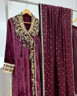 Plum Velvet Suit with Zardozi Yoke And Gold Sequin Dupatta - Image 4