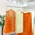 Rust Orange Sequin Kurta with Foil Print Gharara