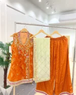 Rust Orange Sequin Kurta with Foil Print Gharara