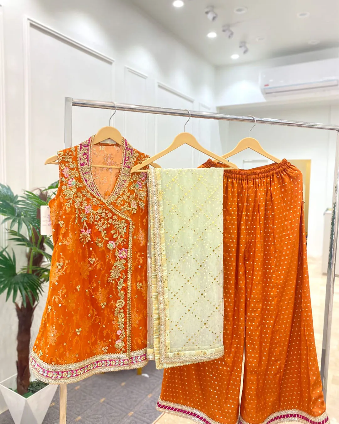 Untitled-1_0017_6215b00b-d149-40d6-8475-6c8add58f770 Rust Orange Sequin Kurta with Foil Print Gharara - Image 1