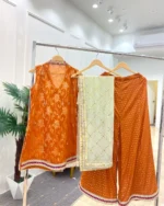 Rust Orange Sequin Kurta with Foil Print Gharara - Image 2