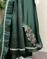 Dark Green Floral Zardozi Coat Suit And Ruffle Dupatta - Image 3