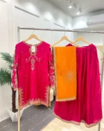 Pink Embroidered Suit with Orange Sequin Dupatta - Image 2
