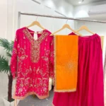 Pink Embroidered Suit with Orange Sequin Dupatta