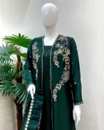 Dark Green Floral Zardozi Coat Suit And Ruffle Dupatta - Image 2